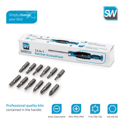 SolidWork professional magnetic Ratchet Screwdriver with 12 bits in the Handle
